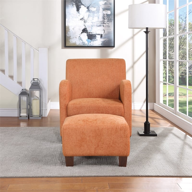 Pemberly Row Chair & Ottoman Herringbone Orange Fabric with Medium Espresso Legs