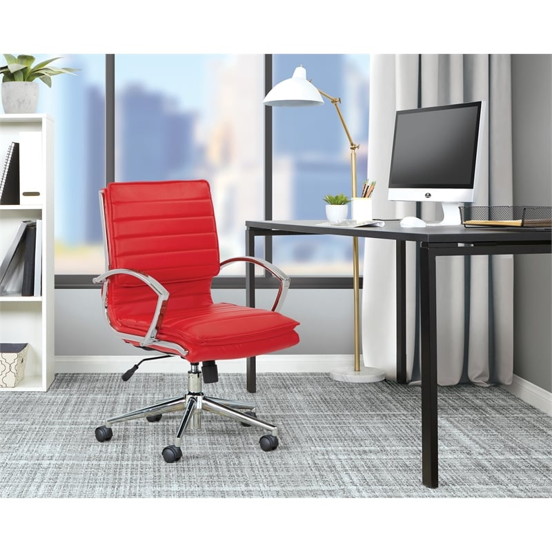 Pemberly Row Mid Back Manager's Faux Leather Chair in Red with Chrome Base