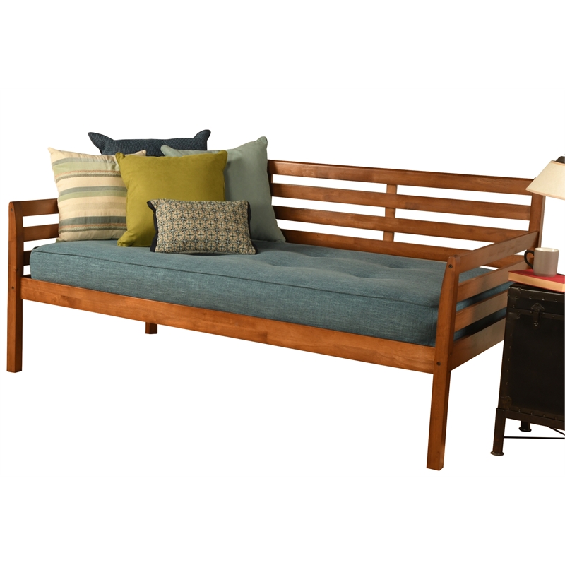Pemberly Row Wood Daybed in Barbados Brown with Linen Aqua Mattress