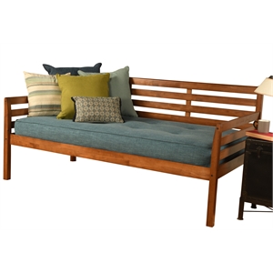 pemberly row wood daybed in barbados brown with linen aqua mattress