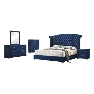 Pemberly Row 5-Piece Contemporary Velvet Eastern King Bedroom Set in Blue