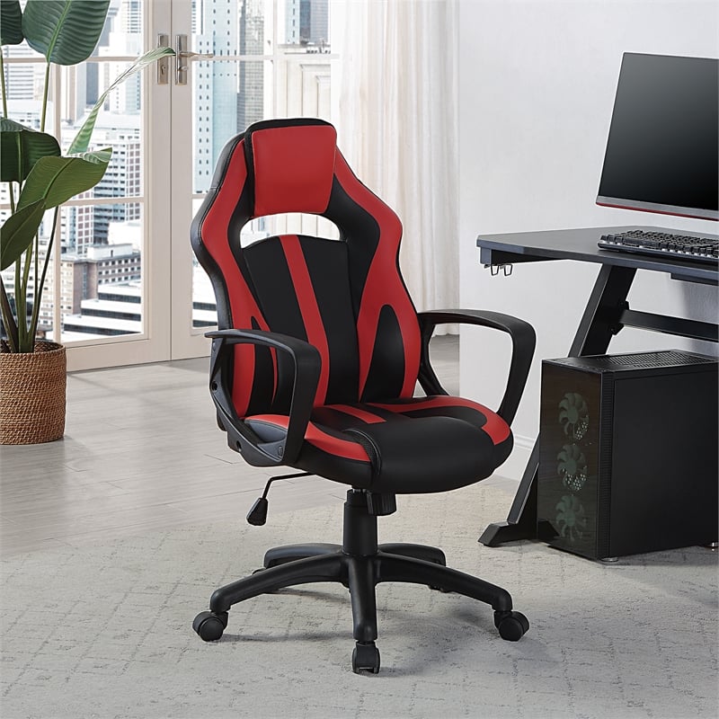 Pemberly Row Gaming Chair in Black Faux Leather with Red Accents