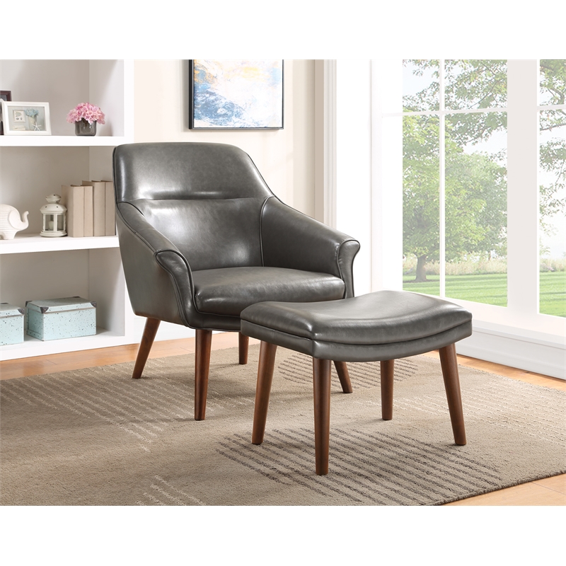 Pemberly Row Chair & Ottoman - Pewter Gray Faux Leather w/ Medium Espresso Legs