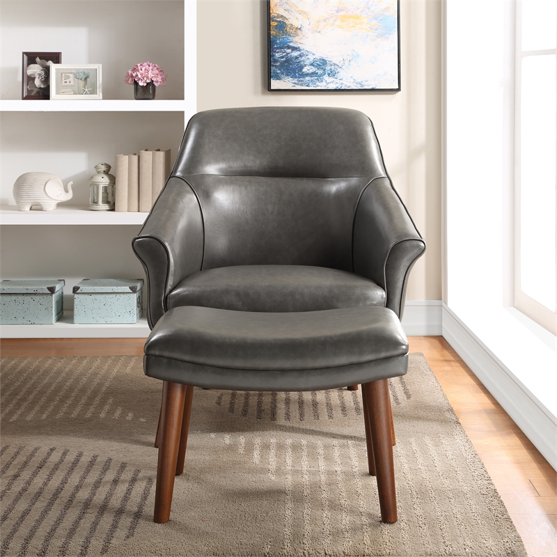 Pemberly Row Chair & Ottoman - Pewter Gray Faux Leather w/ Medium Espresso Legs