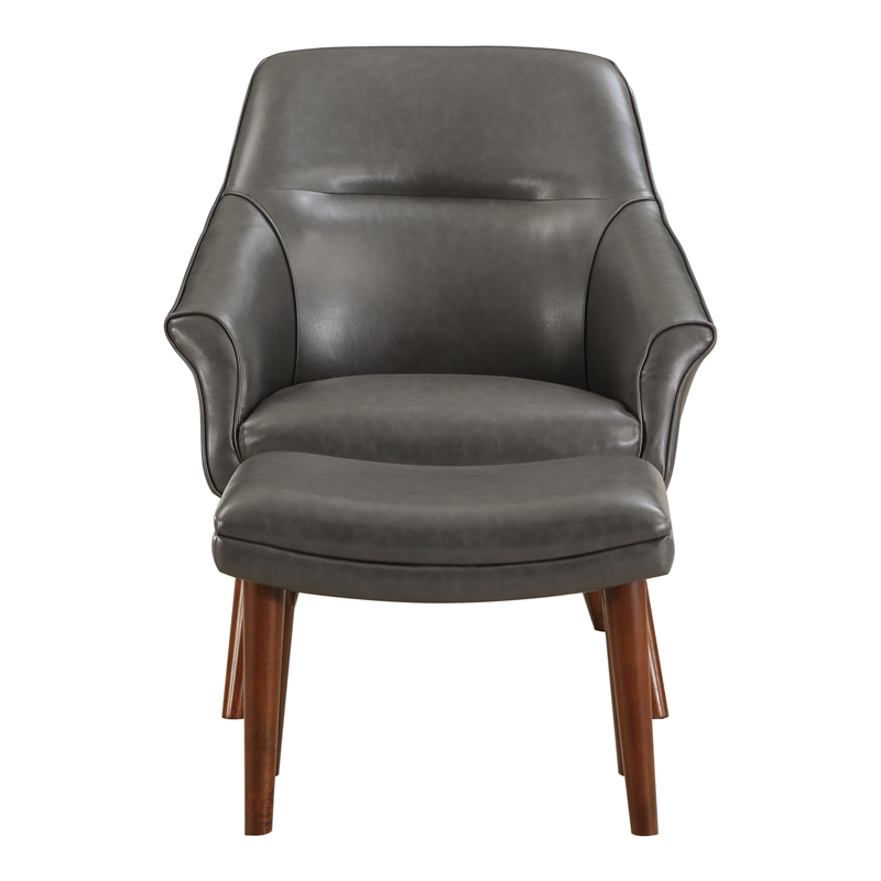 Pemberly Row Chair & Ottoman - Pewter Gray Faux Leather w/ Medium Espresso Legs