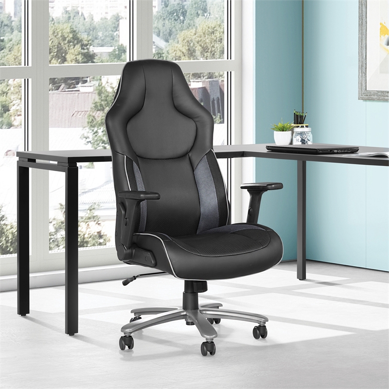 Pemberly Row Big & Tall Bonded Leather Gaming Chair in Gray Mesh
