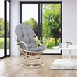 Pemberly Row Rattan Swivel Rocker Chair in Gray Fabric with White Wash Frame