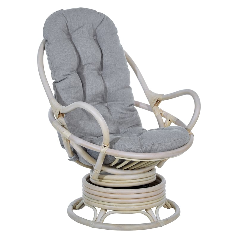 Pemberly Row Rattan Swivel Rocker Chair in Gray Fabric with White Wash Frame