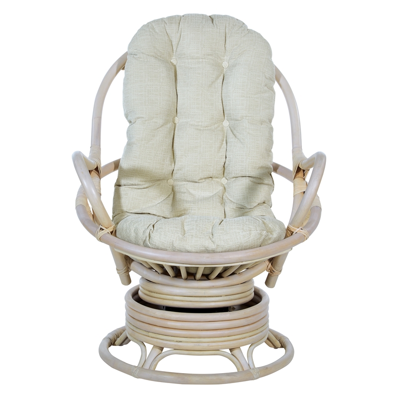 Pemberly Row Rattan Swivel Rocker Chair - Linen White Fabric w/ White Wash Frame