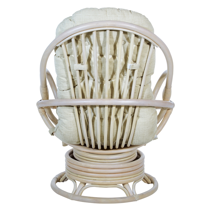 Pemberly Row Rattan Swivel Rocker Chair - Linen White Fabric w/ White Wash Frame