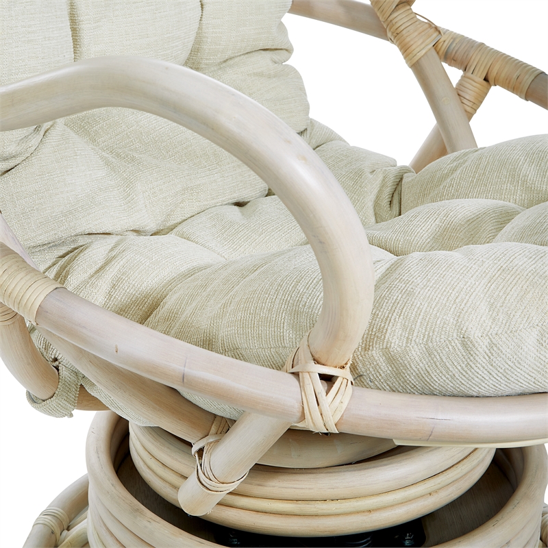 Pemberly Row Rattan Swivel Rocker Chair - Linen White Fabric w/ White Wash Frame