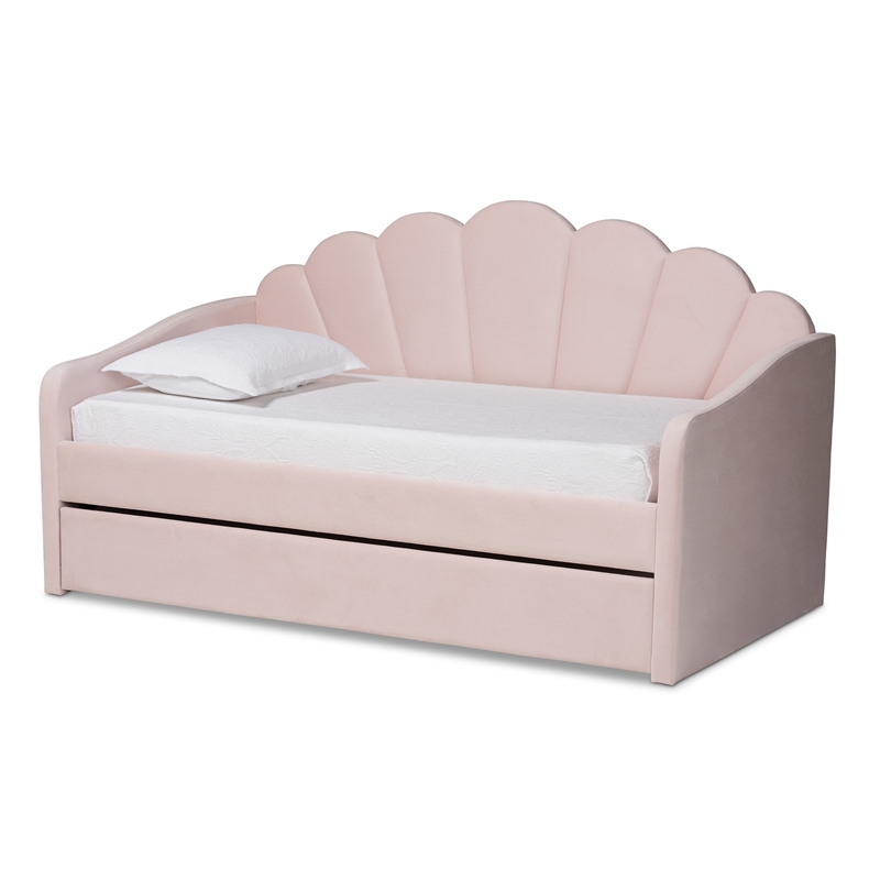 Pemberly Row Modern Pink Velvet Twin Size Daybed with Trundle