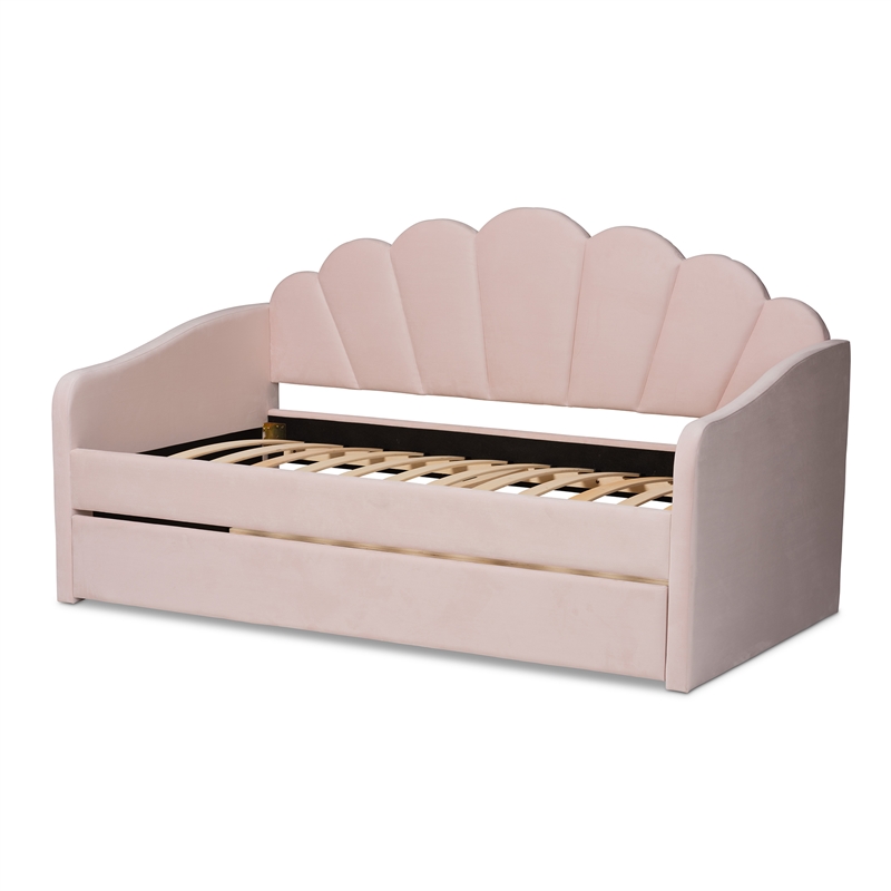 Pemberly Row Modern Pink Velvet Twin Size Daybed with Trundle