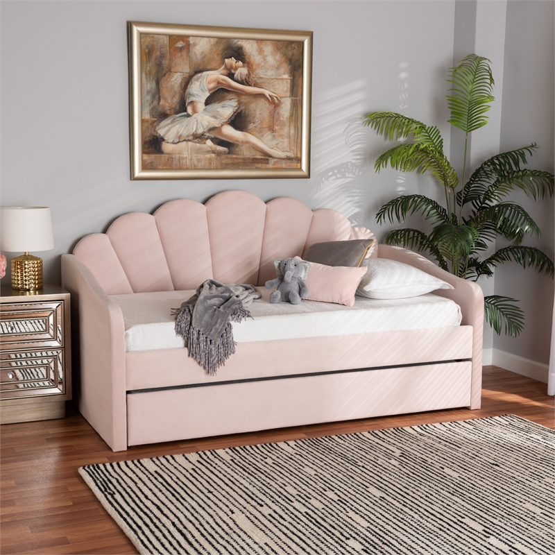 Pemberly Row Modern Pink Velvet Twin Size Daybed with Trundle