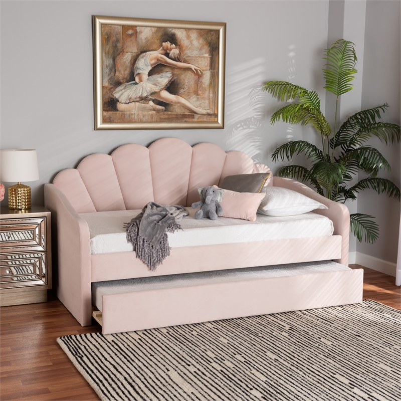 Pemberly Row Modern Pink Velvet Twin Size Daybed with Trundle