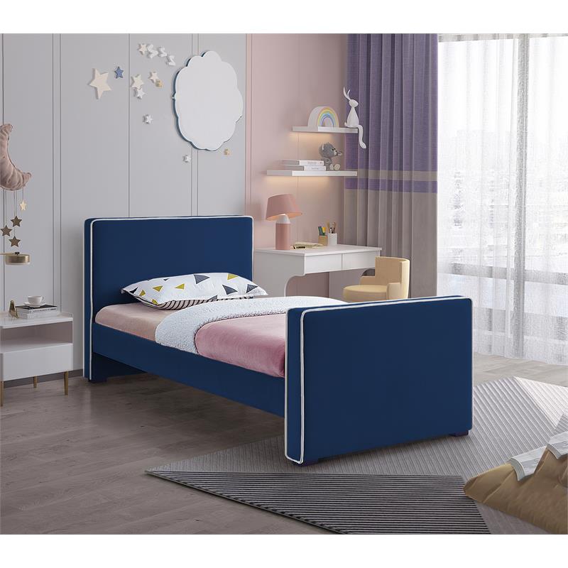 Pemberly Row Contemporary Transitional Navy Finish Velvet Twin Bed