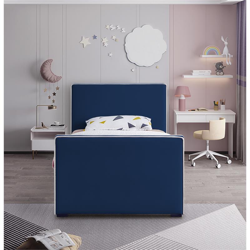 Pemberly Row Contemporary Transitional Navy Finish Velvet Twin Bed