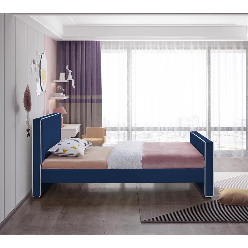 Pemberly Row Contemporary Transitional Navy Finish Velvet Twin Bed