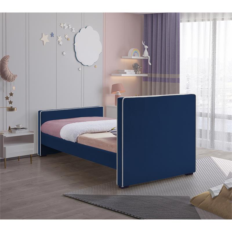 Pemberly Row Contemporary Transitional Navy Finish Velvet Twin Bed