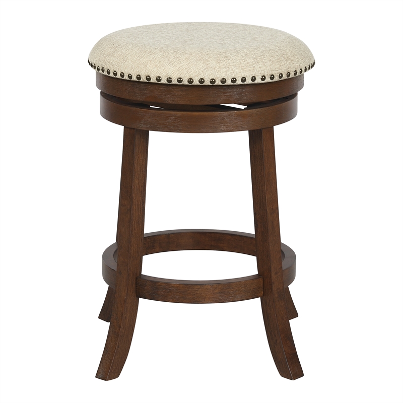 Pemberly Row Backless Round Swivel Stool in Beige Fabric and Dark Walnut Finish