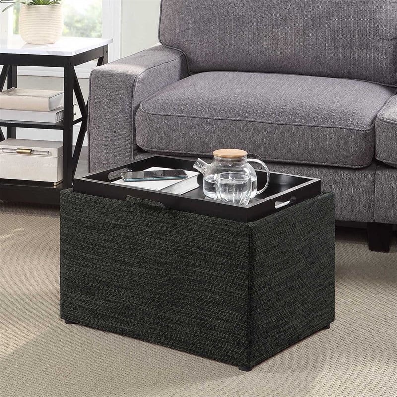 Pemberly Row Accent Storage Ottoman with Reversible Tray in Gray Fabric
