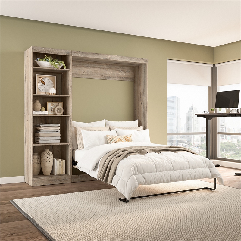 Pemberly Row Full Murphy Bed with Shelving Unit (84W) in Rustic Brown