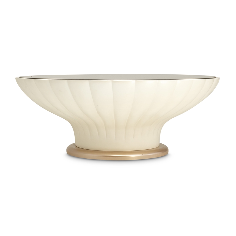 Pemberly Row Modern Round Cocktail Table with Glass Top - Ivory