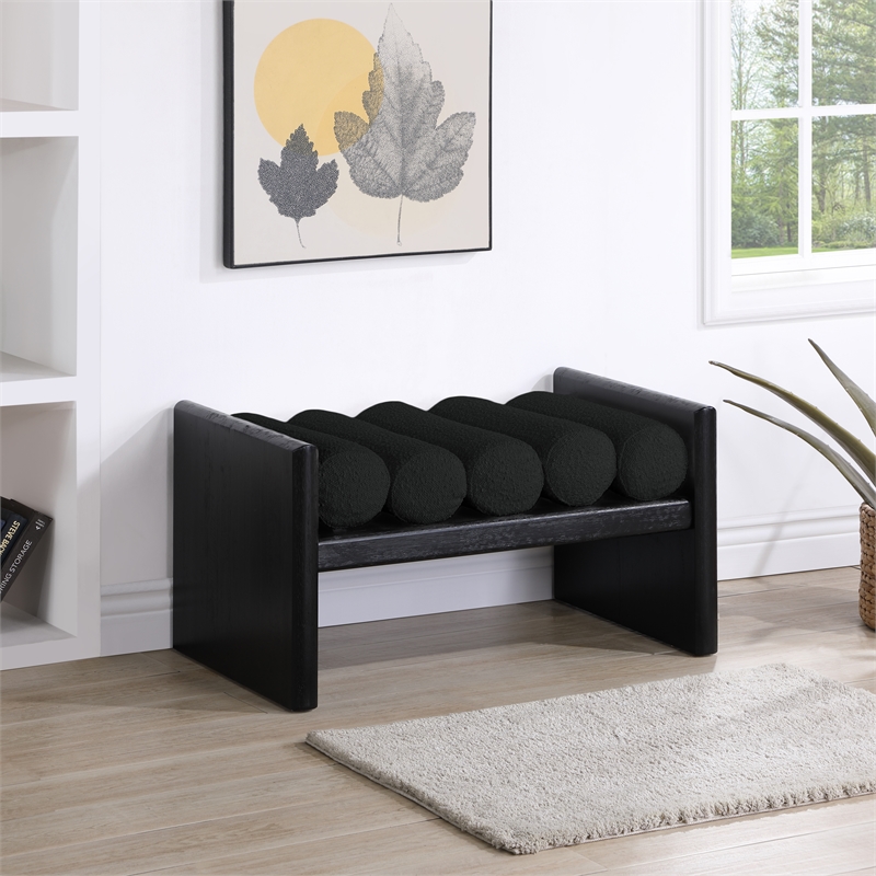 Pemberly Row Solid Wood Rich Black Bench with Luxurious Black Boucle Fabric