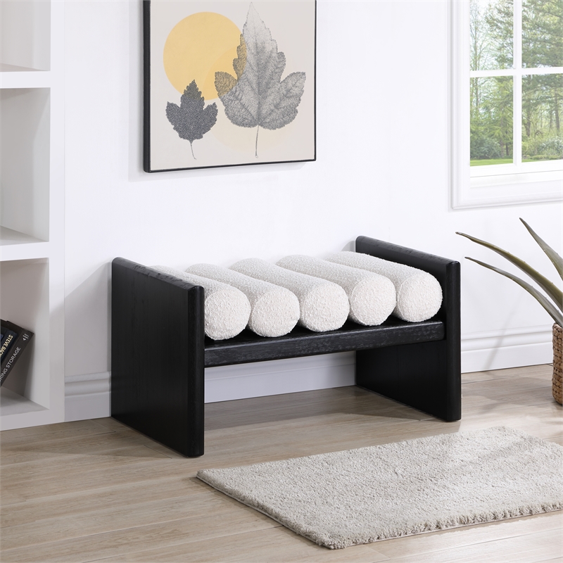 Pemberly Row Solid Wood Rich Black Bench with Luxurious Cream Boucle Fabric