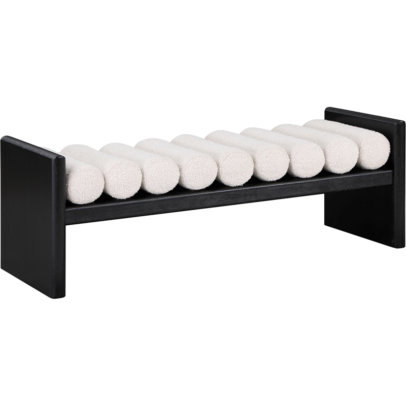 Pemberly Row Solid Wood Rich Black Bench with Luxurious Cream Boucle Fabric