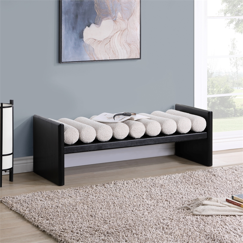 Pemberly Row Solid Wood Rich Black Bench with Luxurious Cream Boucle Fabric