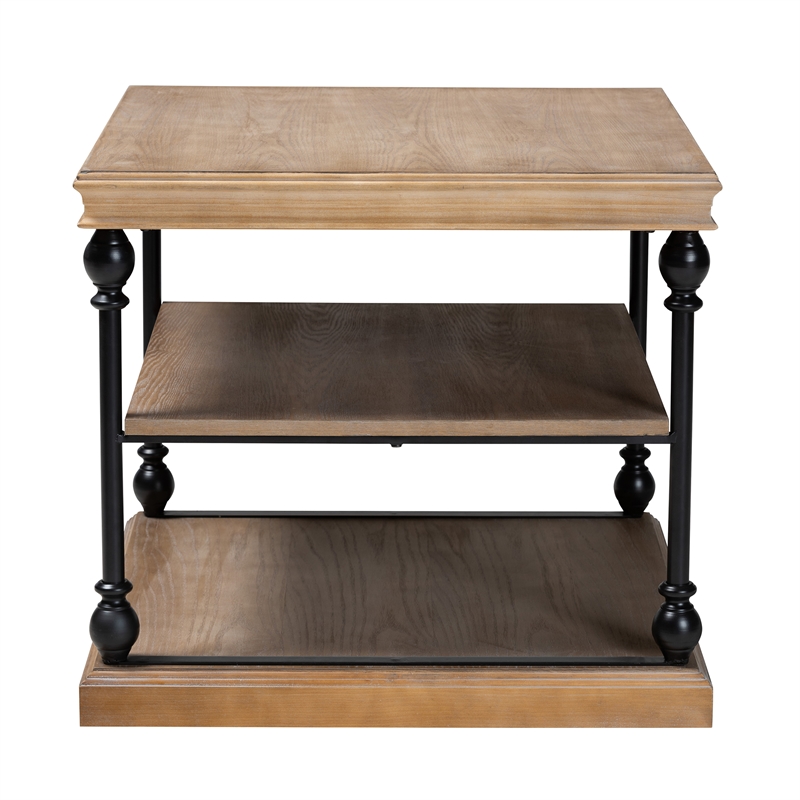 Pemberly Row Graywashed Wood and Black Metal 3-Tier End Table