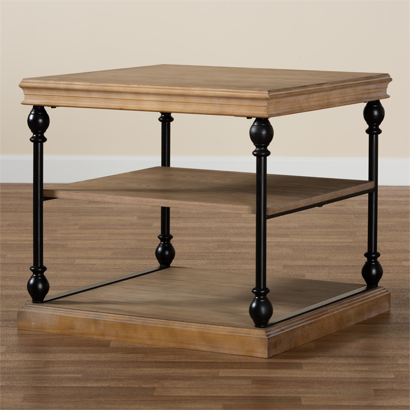 Pemberly Row Graywashed Wood and Black Metal 3-Tier End Table