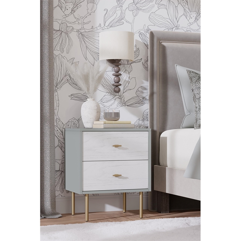 Pemberly Row Wood 2 Drawer Nightstand in Weathered White-Gray