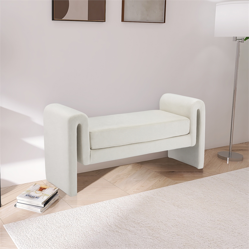 Pemberly Row Contemporary Transitional Cream Finish Velvet Bench