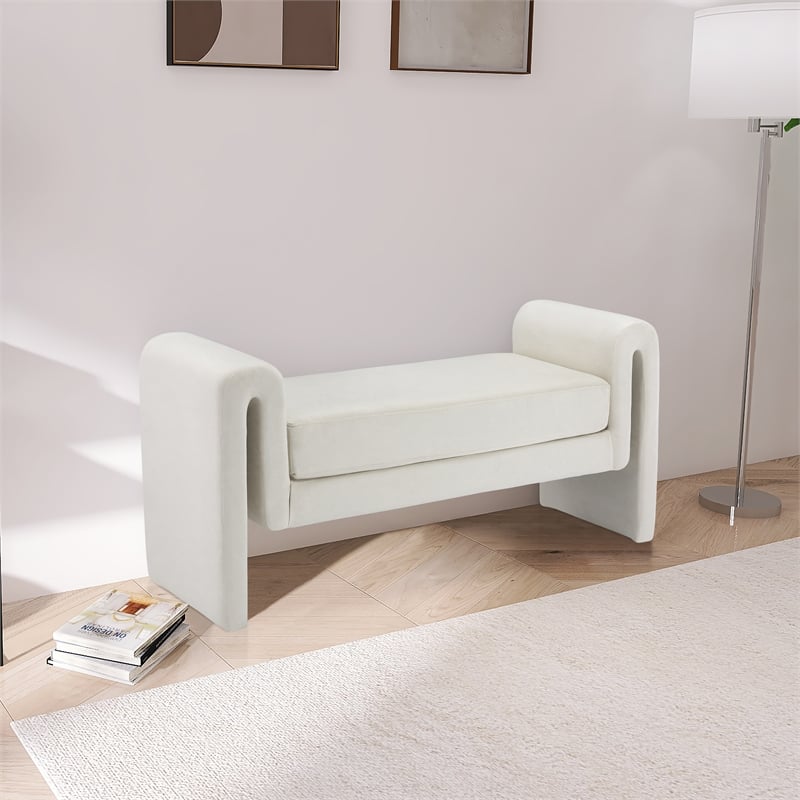 Pemberly Row Contemporary Transitional Cream Finish Velvet Bench