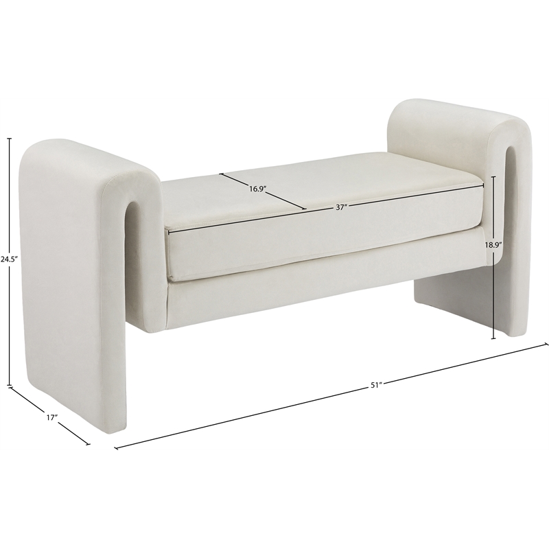 Pemberly Row Contemporary Transitional Cream Finish Velvet Bench