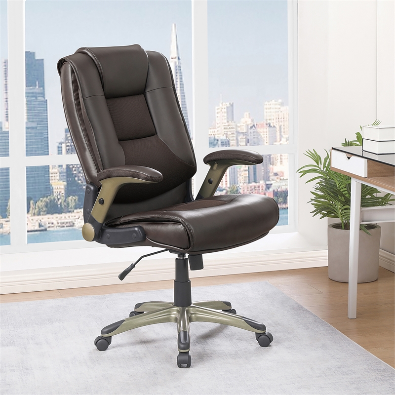 Pemberly Row Executive Bonded Leather Chair - Espresso w/ Cocoa Coated Flip Arms