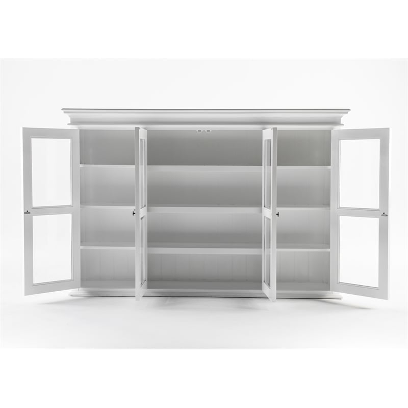 Pemberly Row Buffet Hutch Unit with 4 Glass Doors Solid Wood in White