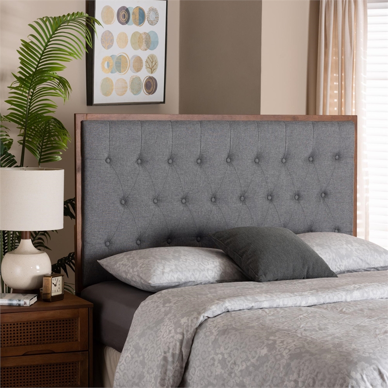 Pemberly Row Gray Fabric and Walnut Brown Wood King size Headboard