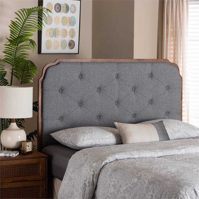 Pemberly Row Gray Fabric and Walnut Brown Wood King Size Headboard