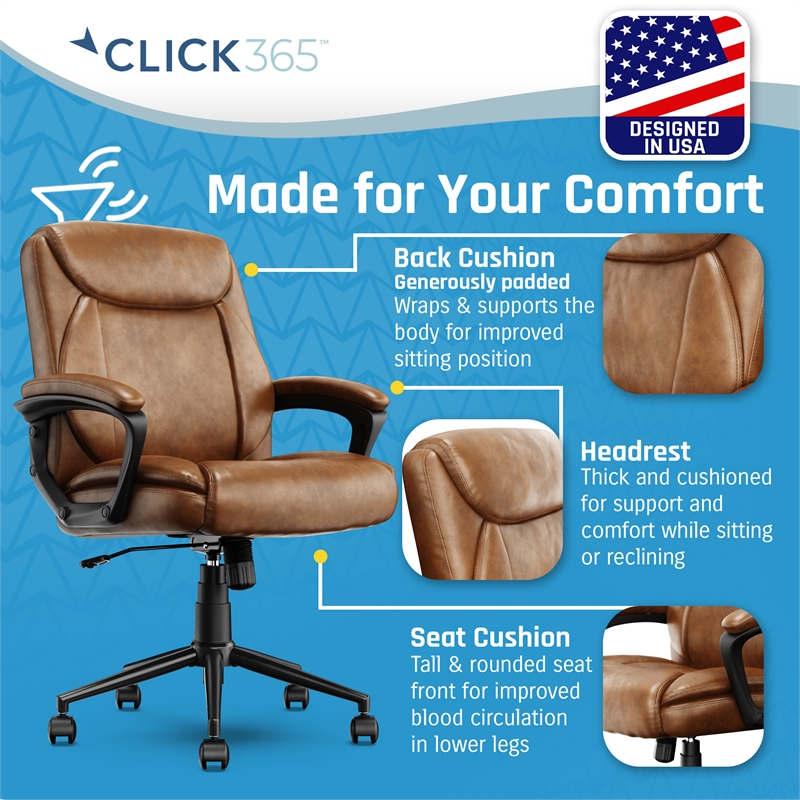 Pemberly Row Ergonomic Mid Back Desk Chair Bonded Leather Cognac