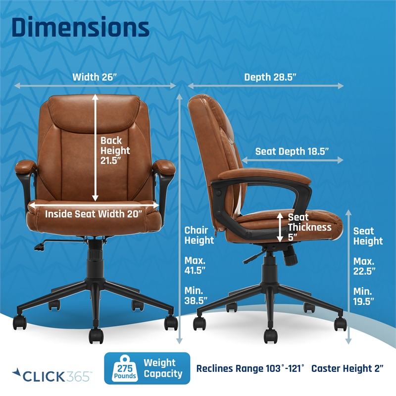 Pemberly Row Ergonomic Mid Back Desk Chair Bonded Leather Cognac
