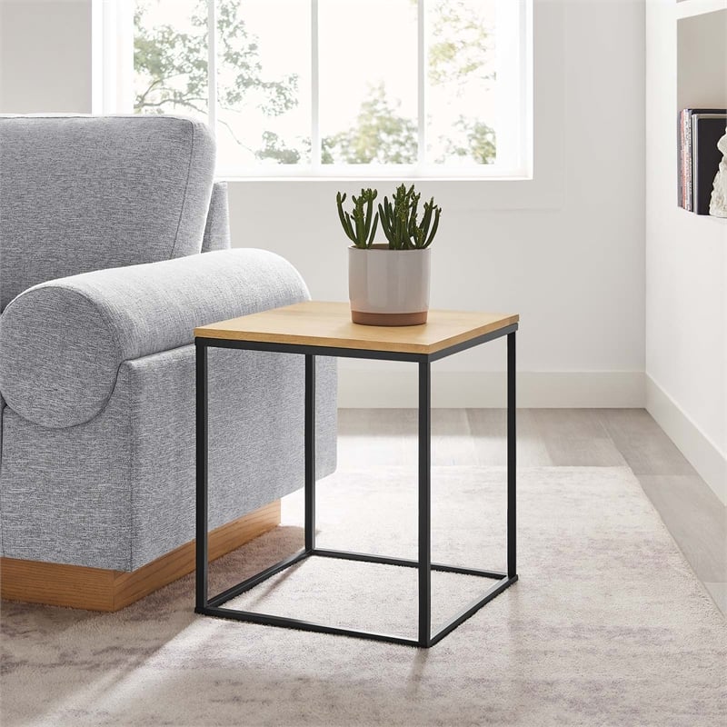 Pemberly Row Contemporary Square Wood and Metal Side Table in Oak