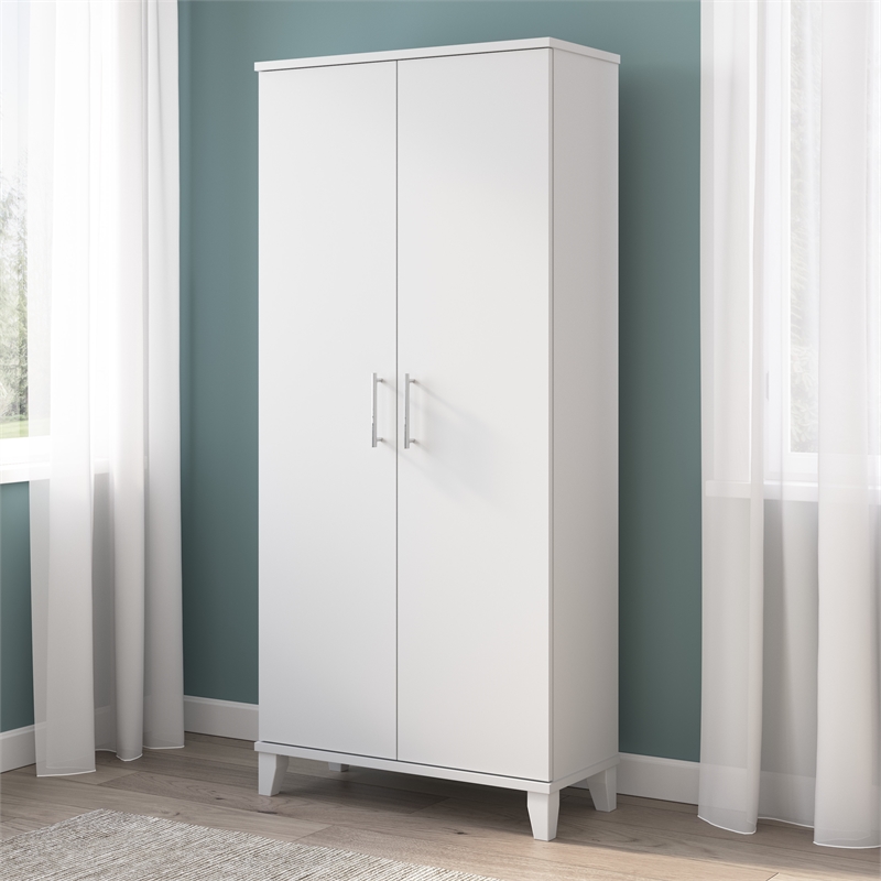 Pemberly Row Tall Storage Cabinet with Doors and Shelves in White - Wood