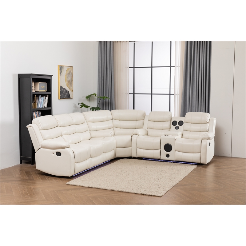 Pemberly Row Modern LED Faux Leather Reclining Sectional in White