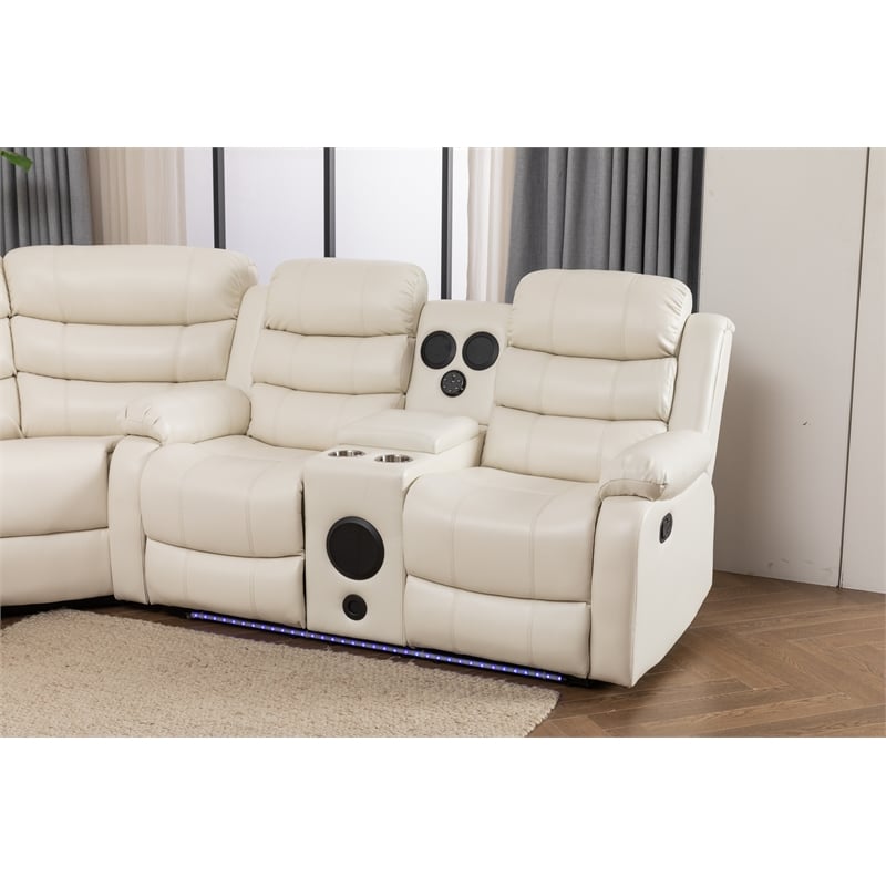 Pemberly Row Modern LED Faux Leather Reclining Sectional in White