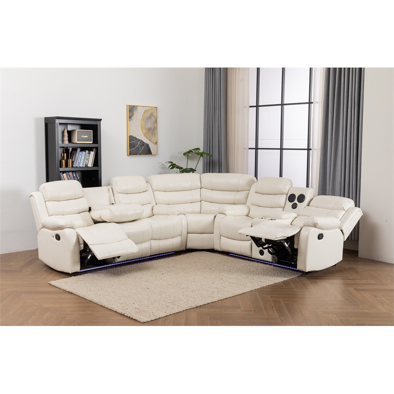 Pemberly Row Modern LED Faux Leather Reclining Sectional in White
