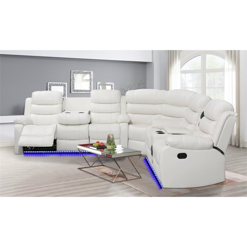 Pemberly Row Modern LED Faux Leather Reclining Sectional in White - Main Image
