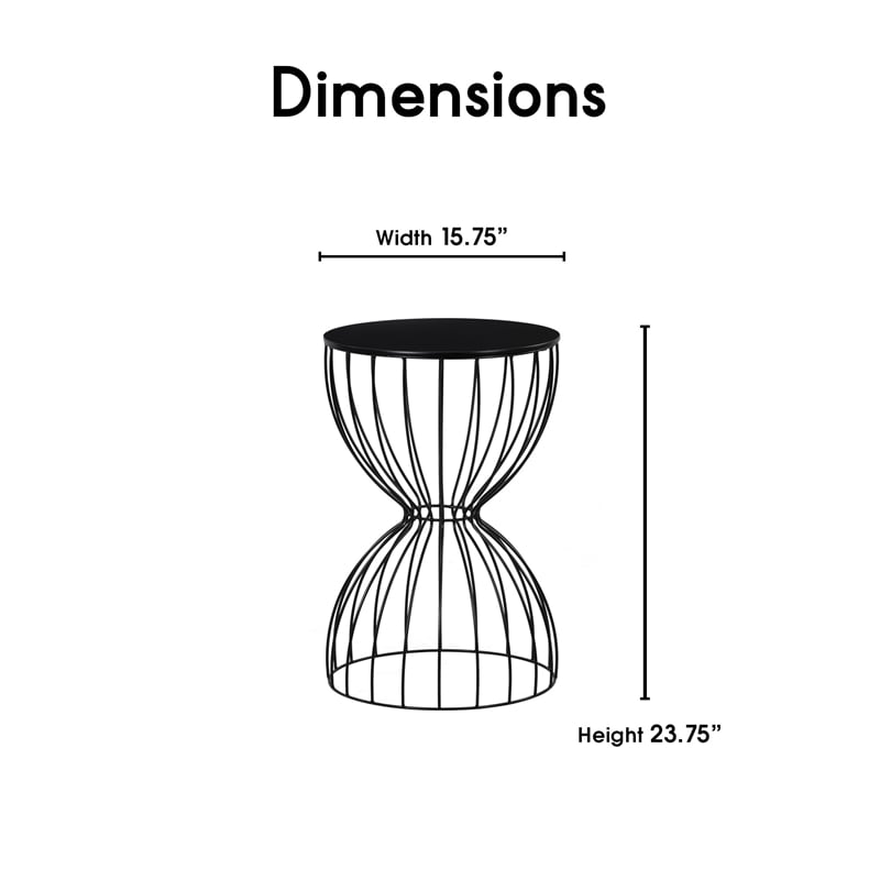 Pemberly Row Modern Hourglass End Table with Metal Top for Bedroom Black